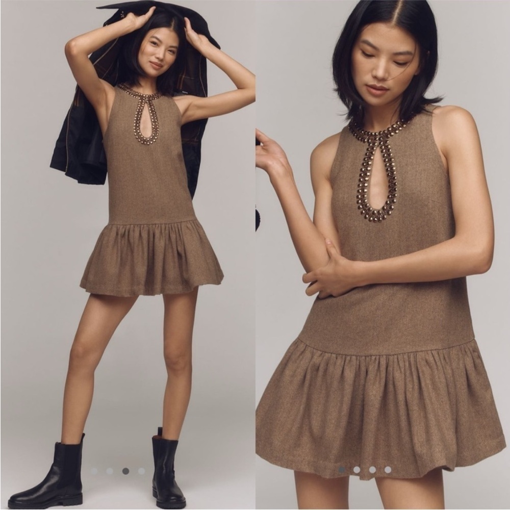 NWT! By Anthropologie Brown Beaded Keyhole Sleeveless Mini Dress - Multiple 🥐 - Picture 7 of 9